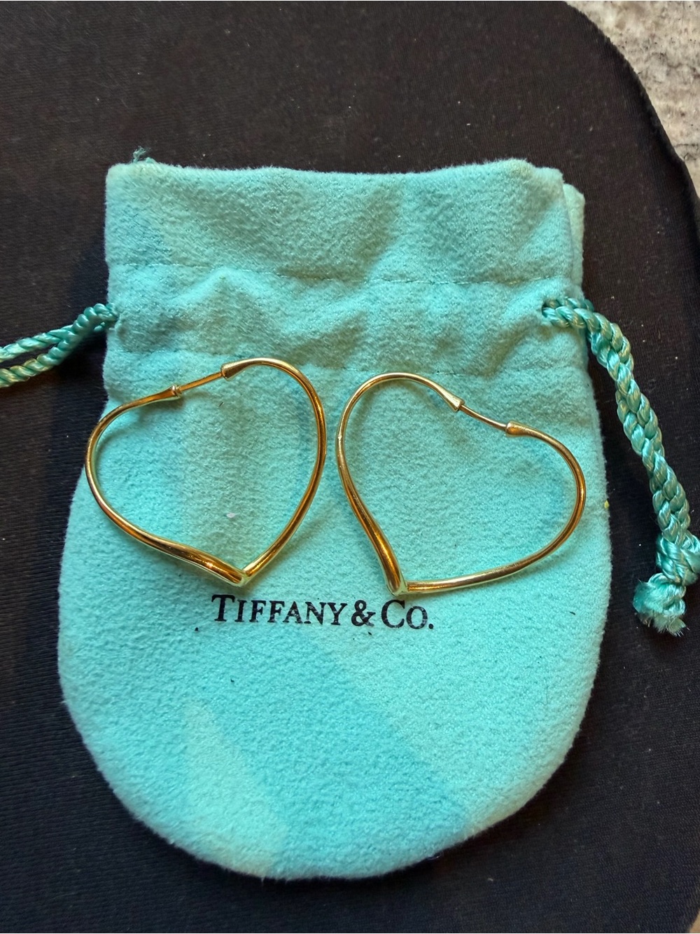 Tiffany & Co. Gold Heart Shaped Hoop Earrings with Turquoise Pouch